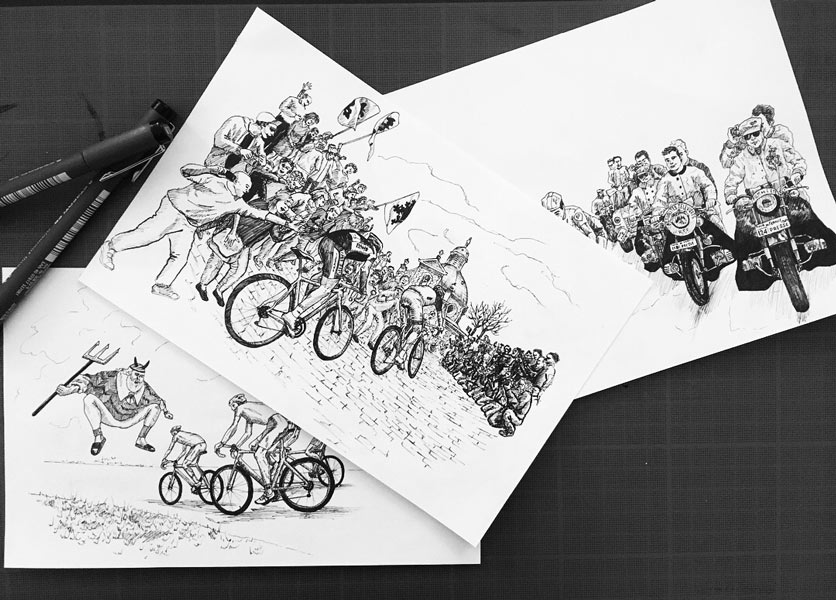 Juliette Seban – Le Café du Cycliste – Toile de Jouy – Dessins originaux